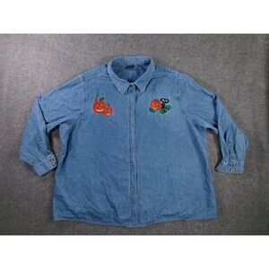Basic Editions Top Women 3X Blue Chambray Casual  Button Up Shirt Halloween